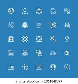 Editable 25 security icons for web and mobile. Set of security included icons line Family, Shield, Safe deposit, Vector, Spyware, Houses, Router, Chains, Gate on blue background