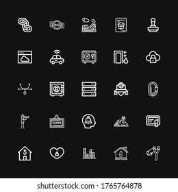 Editable 25 security icons for web and mobile. Set of security included icons line Slingshot, House, Equalizer, Padlock, Certificate, Alert, Closed, Vigilance on black background