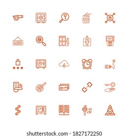 Editable 25 iconos de seguridad para web y móvil. Conjunto de seguridad incluido iconos línea Cone, torre de control, servidor, Cctv, cadena, clave, enlace roto, Padlock, Dinamita sobre fondo blanco