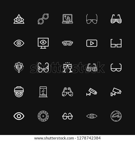 Editable 25 see icons for web and mobile. Set of see included icons line Cctv, View, Sunglasses, Stereoscope, Eye, Ticket window, Sun glasses, Glasses, Youtube on black background