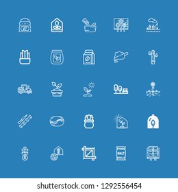 Editable 25 seed icons for web and mobile. Set of seed included icons line Tofu, Malt, Crop, Greenhouse, Grow, Plant, Coffee bean, Spike, Garden, Sprout, Tractor on blue background
