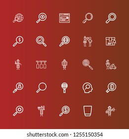 Editable 25 seek icons for web and mobile. Set of seek included icons line Detective, Glass, Magnifying glass, Search, Magnifier on red
