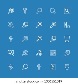 Editable 25 seek icons for web and mobile. Set of seek included icons line Glass, Search, Detective, Magnifying glass, Magnifier on blue background