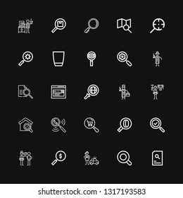 Editable 25 seek icons for web and mobile. Set of seek included icons line Search, Magnifying glass, Detective, Searching, Glass on black background