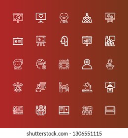 Editable 25 seminar icons for web and mobile. Set of seminar included icons line Whiteboard, Presentation, Learning, Meeting, Teacher, Conference, Study, Student, Organization on red