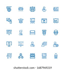 Editable 25 Seminar Icons For Web And Mobile. Set Of Seminar Included Icons Line Student, Class, Classroom, Organization, Presentation, Employee, Whiteboard On White Background