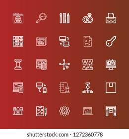 Editable 25 seo icons for web and mobile. Set of seo included icons line Software, Marketing, Development, Strategy, Study, Packing, Wireframes, Responsive, Web design on red