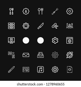 Editable 25 setting icons for web and mobile. Set of setting included icons line New file, Settings, Music, Knife, Setting, Inbox, Cutlery, Lunch, Inboxes on black background