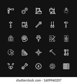 Editable 25 settings icons for web and mobile. Set of settings included icons line Database, Settings, Wrench, Filter, Hammer, Cross wrench, Design tools, Cloud computing on black background