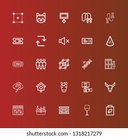 Editable 25 shadow icons for web and mobile. Set of shadow included icons line Shopping bag, Wine glass, Ticket, Picnic, Equalizer, Bull skull, Peace, Horse, Bird house on red
