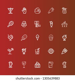 Editable 25 shake icons for web and mobile. Set of shake included icons line Blender, Drink, Cream, Ice cream, Friendship, Cocktail, Bar, Smoothie, Peace, Friends, Maraca on red