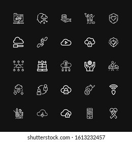Editable 25 sharing icons for web and mobile. Set of sharing included icons line Charity, Cloud computing, Cloud, Wireless, Donate, Sharing, Shelter, Donation on black background