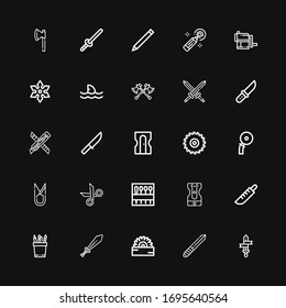 Editable 25 sharp icons for web and mobile. Set of sharp included icons line Sword, Knife, Saw, Pencil, Sharpener, Needle, Scissors, Cutter, Swords, Axes, Shark on black background