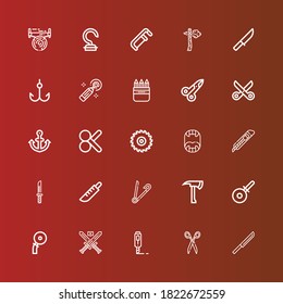 Editable 25 Sharp Icons For Web And Mobile. Set Of Sharp Included Icons Line Knife, Scissors, Cutter, Swords, Pizza Cutter, Axe, Safety Pin, Fangs, Saw, Cut, Anchor, Pencil Box On Red