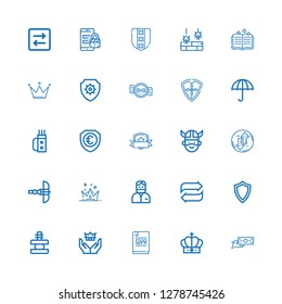 Editable 25 shield icons for web and mobile. Set of shield included icons line Money transfer, Crown, GDPR, Force, Shield, Transfer, Dentist, Crossbow, Viking on white background
