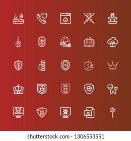 Editable 25 shield icons for web and mobile. Set of shield included icons line Mace, Js, Malware, Shield, Spyware, Medical insurance, Security, Crown, Protection, Quiver on red
