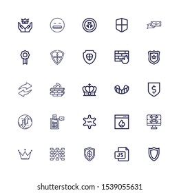 Editable 25 shield icons for web and mobile. Set of shield included icons line Shield, Js, Firewall, Crown, Spyware, Sheriff, Tax, Transfer, Protection, Gum on white background