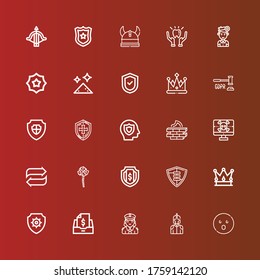 Editable 25 shield icons for web and mobile. Set of shield included icons line Shocked, Knight, Police, Taxes, Antivirus, Crown, Shield, Mace, Transfer, Spyware, Firewall on red