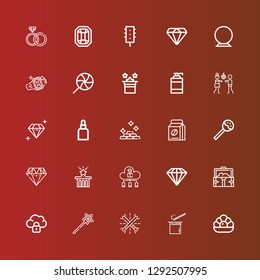 Editable 25 shiny icons for web and mobile. Set of shiny included icons line Pearl, Wand, Glow, Magic wand, Cloud, Treasure, Diamond, Star, Lollipop, Coffee beans, Gold on red