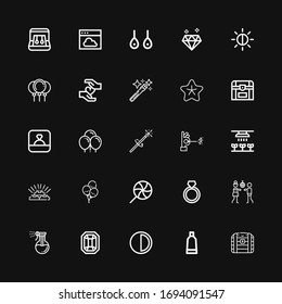 Editable 25 shiny icons for web and mobile. Set of shiny included icons line Chest, Tooth paste, Brightness, Gem, Washing, Disco, Ring, Lollipop, Balloons on black background