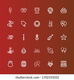 Editable 25 Shiny Icons For Web And Mobile. Set Of Shiny Included Icons Line Earrings, Diamond, Balloons, Gem, Kettlebell, Tin, Gold, Blood, Trumpet, Star, Laser Pen, Mirror On Red