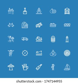 Editable 25 ship icons for web and mobile. Set of ship included icons line Boat, Pirate, Oil, Ufo, Train, Astral, Sea, Summer, Pirates, Lighthouse, Inflatable boat on blue background