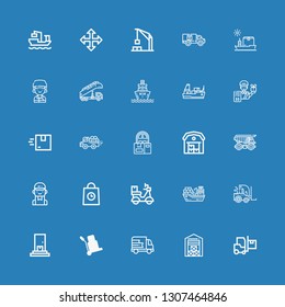 Editable 25 shipment icons for web and mobile. Set of shipment included icons line Delivery, Warehouse, Logistic, Forklift, Cargo ship, Delivery man, Cargo truck on blue background