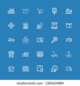 Editable 25 shipping icons for web and mobile. Set of shipping included icons line Truck, Delivery truck, Package, Hangar, Warehouse, Ship, Boat, Trailer, Sale on blue background