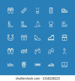 Editable 25 shoe icons for web and mobile. Set of shoe included icons line Tracing, Sandals, Derbi, Ballet, Sneakers, Skateboarding, Shoes, Brake, Clothes, Boot on blue background