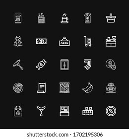 Editable 25 shop icons for web and mobile. Set of shop included icons line Discount, Package, Cash machine, Sausage, Shopping bag, Bag, Sausages, Receipt, Latte on black background