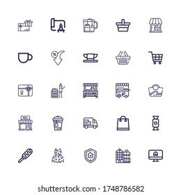 Editable 25 shop icons for web and mobile. Set of shop included icons line Ecommerce, Building, Guarantee, Clothing, Hot dog, Candy, Shopping bag, Delivery on white background