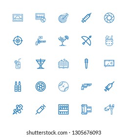 Editable 25 shot icons for web and mobile. Set of shot included icons line Slingshot, Photo film, Needle, Syringe, Revolver, Tennis ball, Diaphragm, Pool table on white background