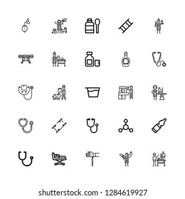 Editable 25 sick icons for web and mobile. Set of sick included icons line Veterinarian, Handkerchief, Stretcher, Stethoscope, Vials, Bacterias, Syrup, Breathing on white background