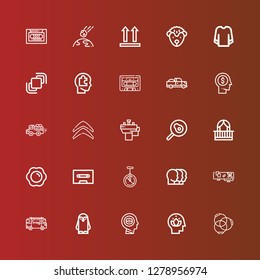 Editable 25 side icons for web and mobile. Set of side included icons line Ponytail, Head, Penguin, Minibus, Balcony, Heads, Monocycle, Cassette, Fried egg, Basin, Citroen on red