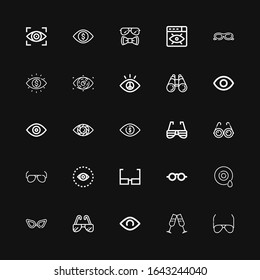 Editable 25 iconos de vista para web y móvil. Conjunto de imágenes incluye iconos línea lentes de sol, lentes, vista, ojo, visión sobre fondo negro