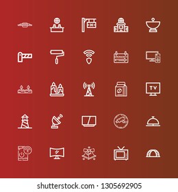 Editable 25 signal icons for web and mobile. Set of signal included icons line Ladder, Television, Bell, Remote control, Cctv, Satellite dish, Lighthouse, Tv, Coffee beans on red