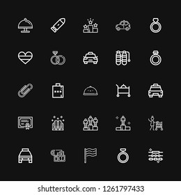 Editable 25 silver icons for web and mobile. Set of silver included icons line Jewelry, Ring, Germany, Gold, Taxi, Room service, Winning, Ingots, Merit, Tray on black background