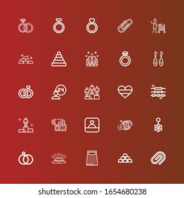 Editable 25 silver icons for web and mobile. Set of silver included icons line Paper clip, Ingots, Grater, Gold, Wedding rings, Belly piercing, Ring, Winning, Jewelry, Germany on red