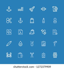 Editable 25 simplicity icons for web and mobile. Set of simplicity included icons line Bag, Water, Scissors, Shopping bag, Crab, Dove, File, Rolling pin, Paper bag on blue background