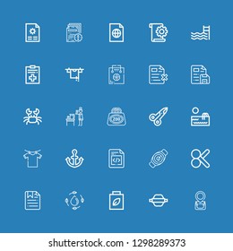 Editable 25 simplicity icons for web and mobile. Set of simplicity included icons line Bag, Rolling pin, Shopping bag, Water, File, Cut, Watch, Anchor, Clothes hanger on blue background