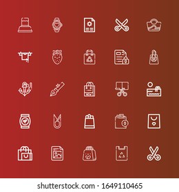 Editable 25 simplicity icons for web and mobile. Set of simplicity line icons including: Scissors, Paper bag, Shopping bag, File, Bag, Swimming pool, Cut, Anchor, Strawberry on red