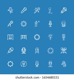 Editable 25 sing icons for web and mobile. Set of sing included icons line Singing, Microphone, Tambourine, Singer, Karaoke, Swing, Pop singer on blue background