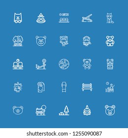 Editable 25 sitting icons for web and mobile. Set of sitting included icons line Bear, Buddha, Rest area, Bench, Waiting room, Lounge chair, Relax, Kitty, Cat on blue background