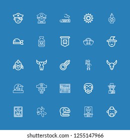 Editable 25 skull icons for web and mobile. Set of skull included icons line Punk, Skull, Fossil, Voodoo, Pirate, Cowboy, Dracula, Treasure, Wild west, Bull skull on blue background