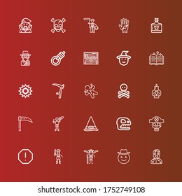Editable 25 skull icons for web and mobile. Set of skull included icons line Zombie, Cowboy, Pirates, Pirate, Spam, Skull, Fossil, Witch, Scythe, Voodoo, Explosion, Spellbook on red