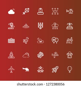 Editable 25 sky icons for web and mobile. Set of sky included icons line Hot air balloon, Rocket launch, Aircraft, Helicopter, Ufo, Airplane, Skii, Sun cloud, Rocket, Bedtime on red