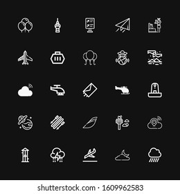 Editable 25 sky icons for web and mobile. Set of sky included icons line Rain, Moon, Landing, Storm, Free fall, Cloud, Control tower, Iberia, Skii, Ufo, Fountain on black background