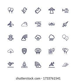 Editable 25 sky icons for web and mobile. Set of sky included icons line Skydiving, Landing, Rainbow, Rocket, Take off, Balloon, Hot air balloon, Balloons on white background