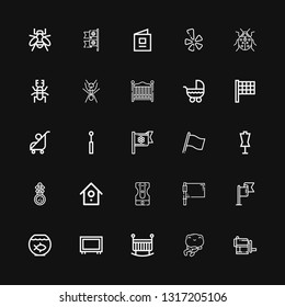 Editable 25 small icons for web and mobile. Set of small included icons line Sharpener, Frog, Crib, Big screen, Fish bowl, Flag, Birdhouse, Mirror, Dummy, Stroller on black background
