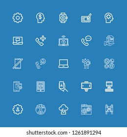 Editable 25 smart icons for web and mobile. Set of smart included icons line Jetpack, Settings, Computer, Transhumanism, Selfie stick, Selfie, Tablet, Mobile on blue background